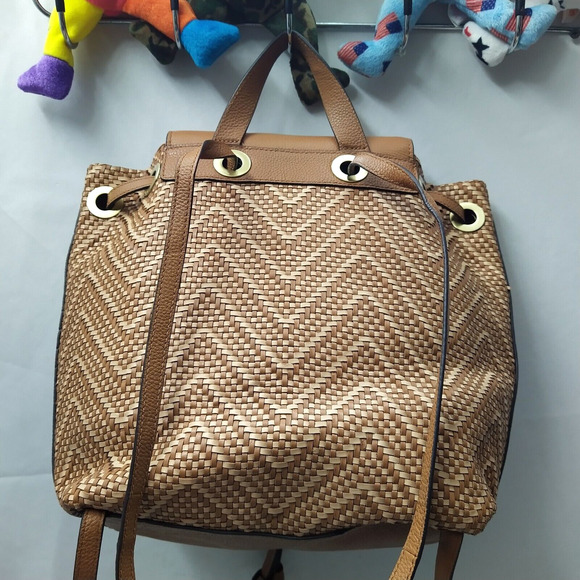 Michael Kors Junie Brown Chevron Woven Leather Drawstring Flap Closure Backpack - Picture 16 of 16